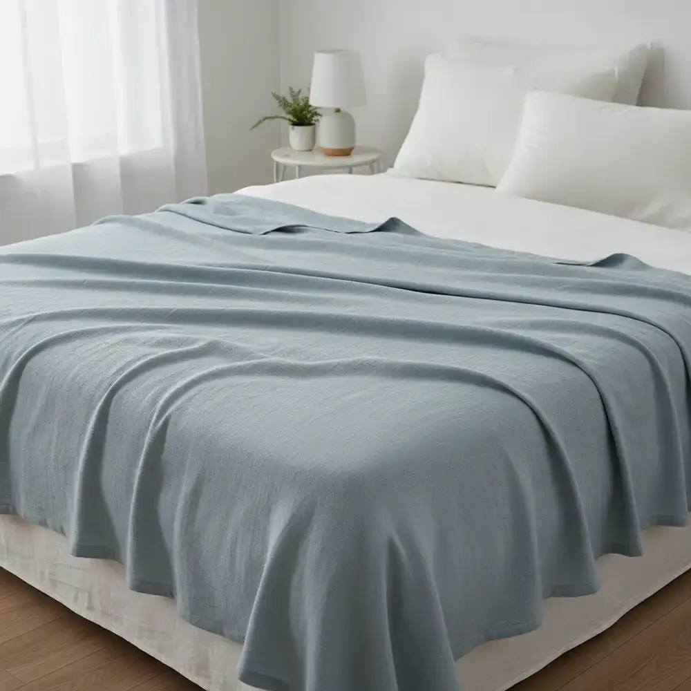 Ein elegant eingerichtetes, modernes Schlafzimmer mit Premium-Bettwaren in beruhigenden Farben