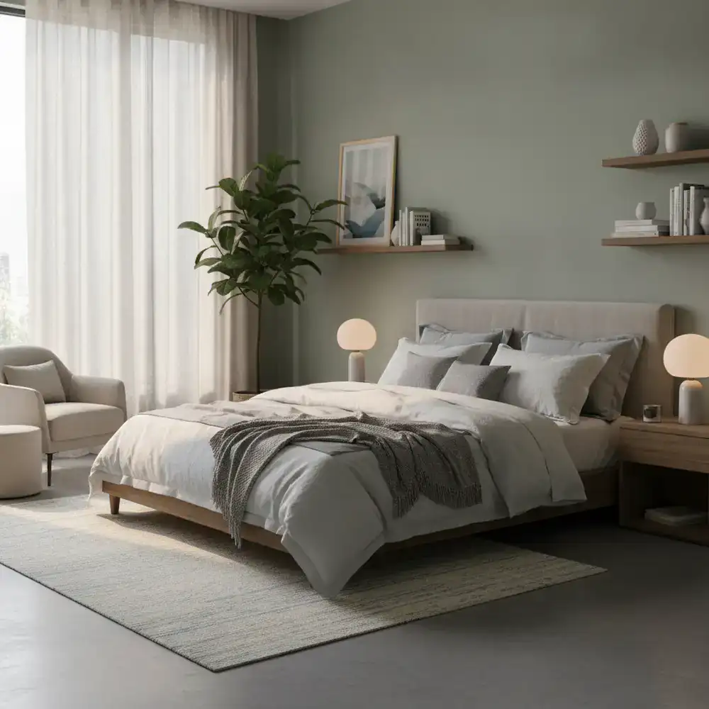 Ein friedliches, modern eingerichtetes Schlafzimmer mit Premium-Bettwaren