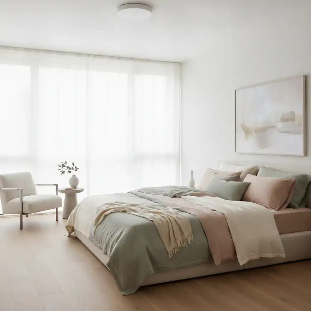 Elegantes, minimalistisches Schlafzimmer mit Premium-Bettwäsche in sanften Farbtönen