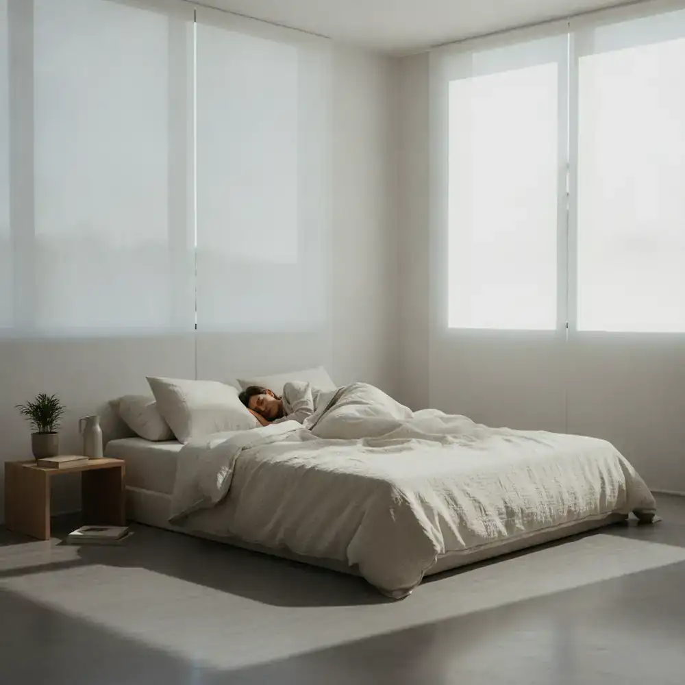 Eine ruhige Szene eines erholsamen Schlafes in einem minimalistischen Raum