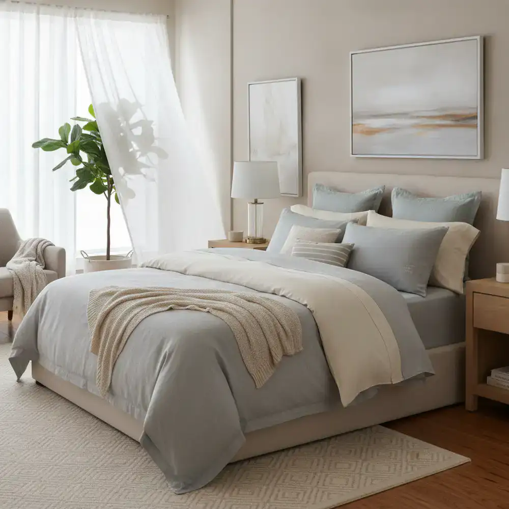 Ein stilvoll eingerichtetes Schlafzimmer mit Premium-Bettwaren von SwiftPromo